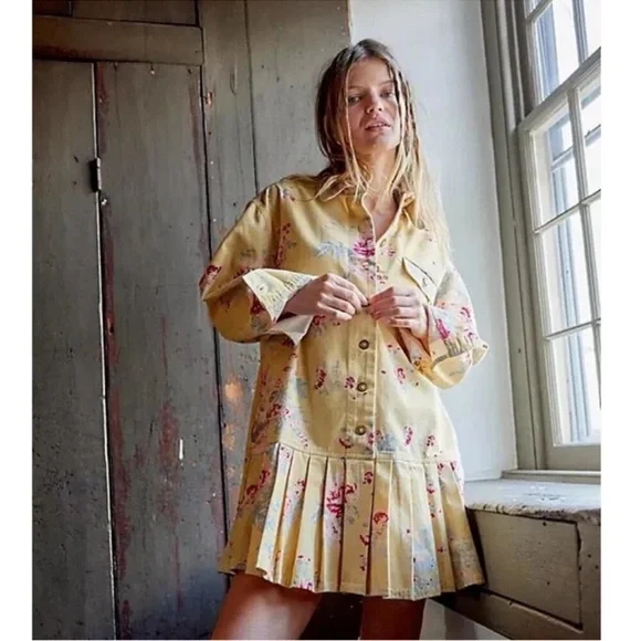 🍀 Free People Connor Western Bohemian Yellow Floral Printed Cotton Mini Dress - Picture 3 of 10